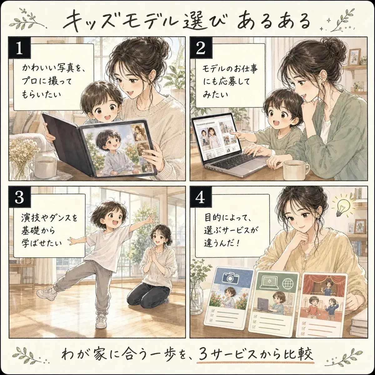 赤ちゃんモデルやキッズモデルの選び方を示すイラスト